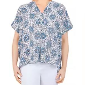 Ruby Rd. XL Top Women's Short Sleeve Blouse Blue V-neck Floral